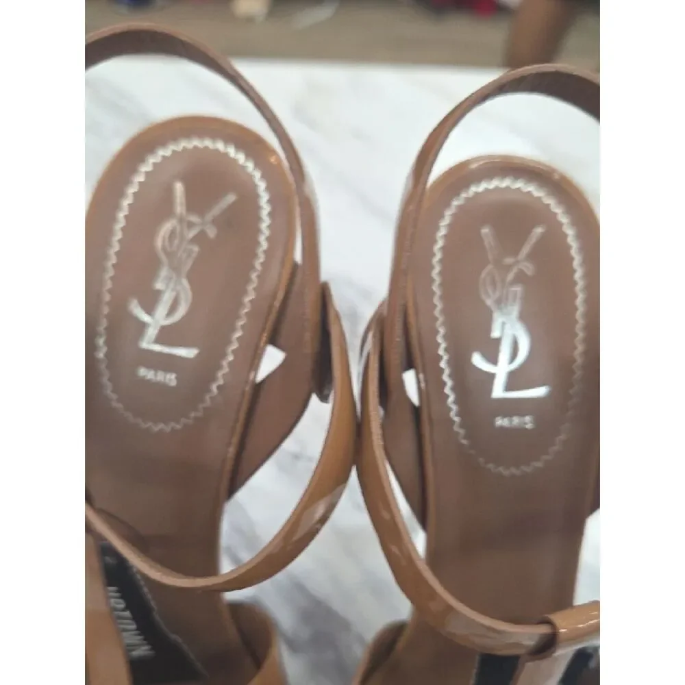 Yves Saint Laurent Patent Platform Sandal - Tan